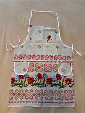 Floral Poppy Linen-Style Kitchen Apron with Pockets - Red